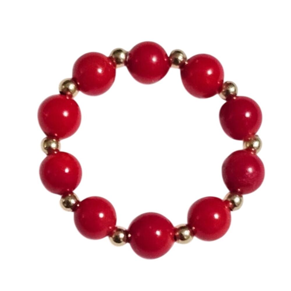 Genuine Red Coral 14k Yellow Gold 3mm Bead Stretch Eternity Ring